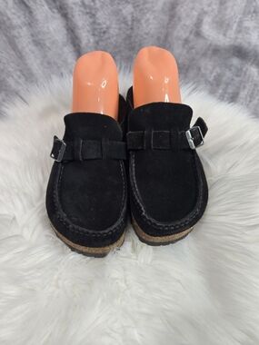 Birkenstock Buckley suede clog features a moccasin-style